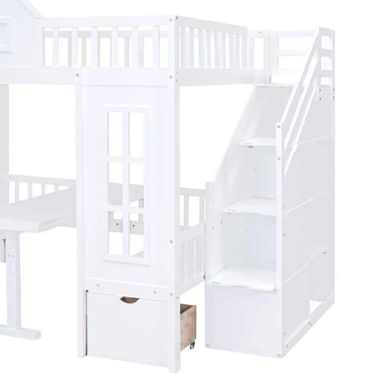 Full Size Wooden Loft Bunk Bed with Table, Seats, and Storage Shelves