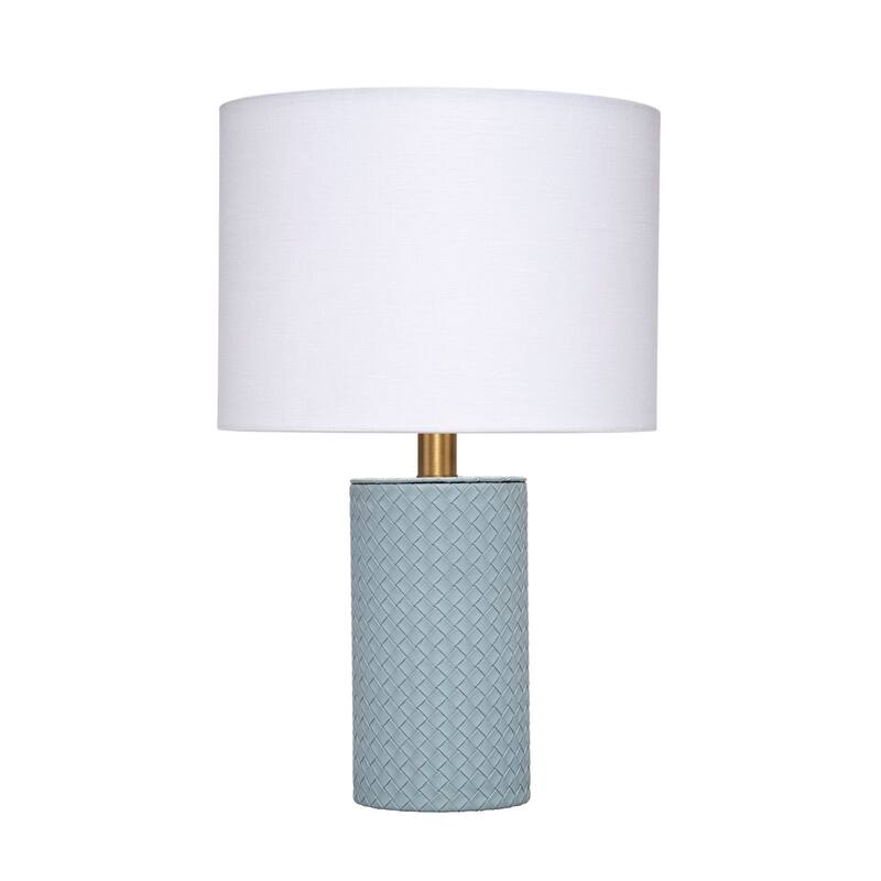 Myn Table Lamp, 18 Inch, White Linen Drum Shade, Blue Leather Base