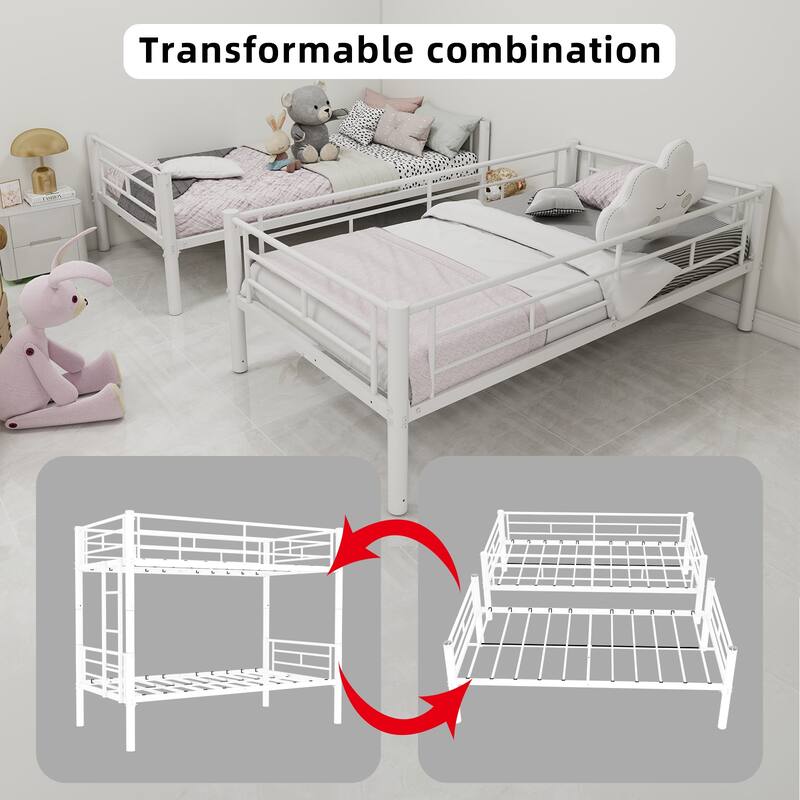 Twin Over Twin Metal Bunk Bed with Ladder and Guardrail, Convertible to 2 Separate Beds, No Box Spring Required