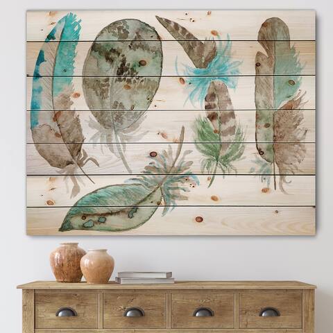 Designart 'Green Feathers Set' Bohemian & Eclectic Print on Natural Pine Wood