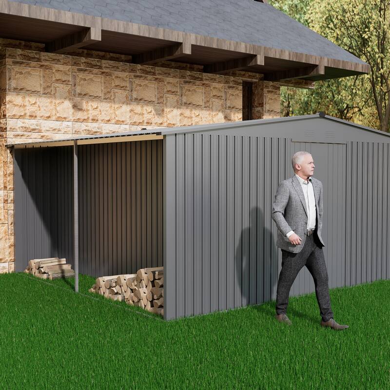 13x11 ft Outdoor Storage Shed, Metal Shed Firewood Shed, Grey