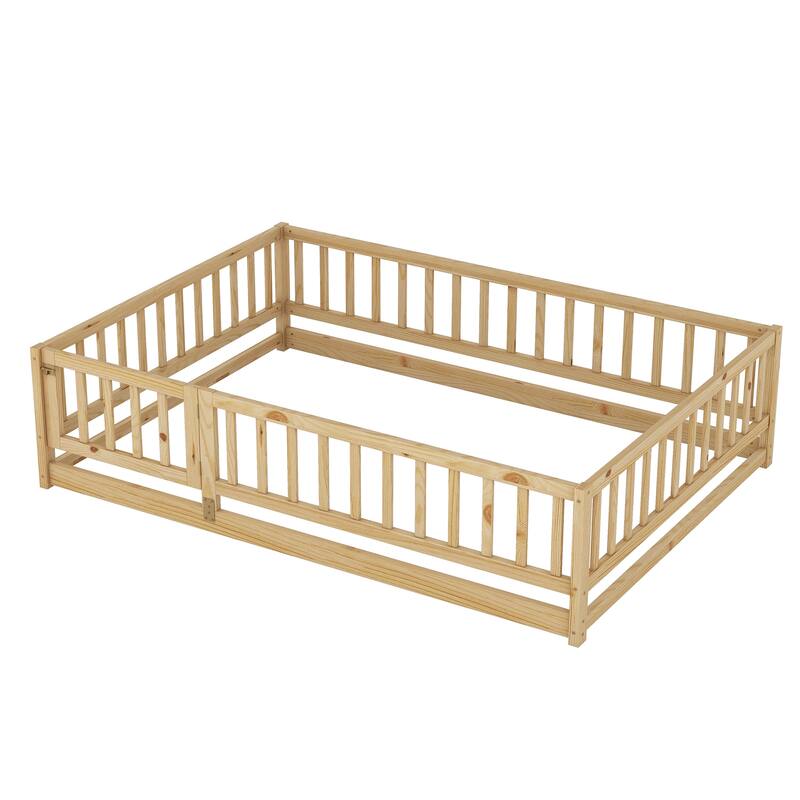 Full Size Montessori Floor Bed with Fence and Door, Kids Wood Bed Frame, Natural Pine Wood Floor Bed