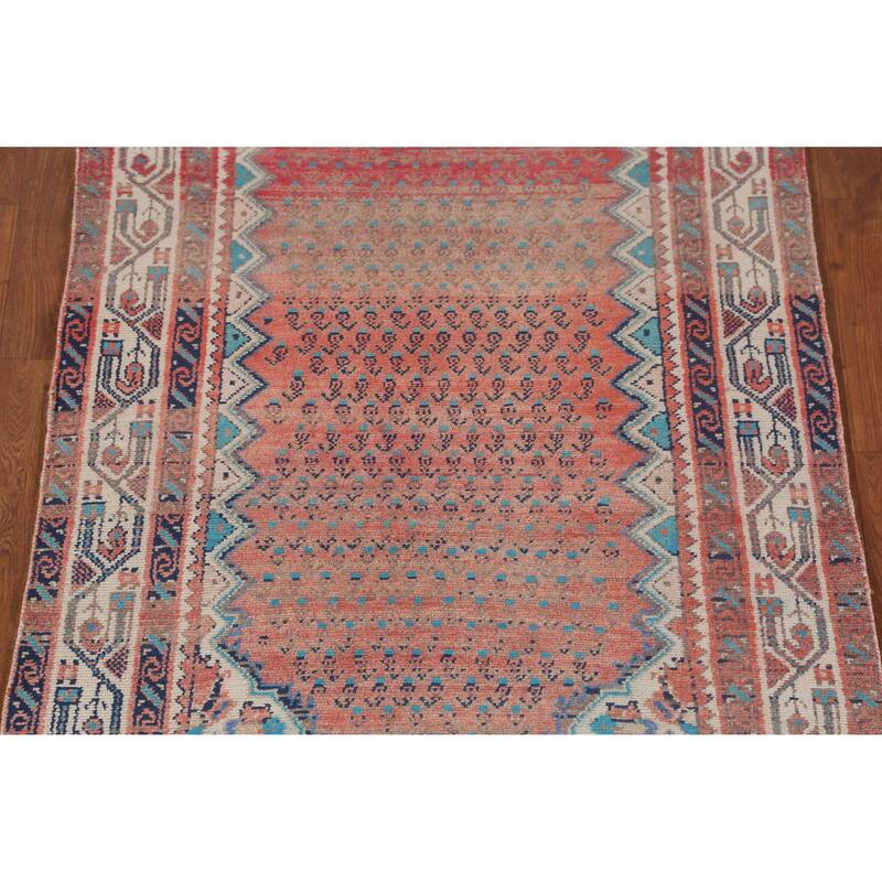 Hand Knotted Oriental 100% Wool Carpet Traditional Geometric Oranges & Rust Botemir Runner Rug - 9' 6'' X 3' 4''