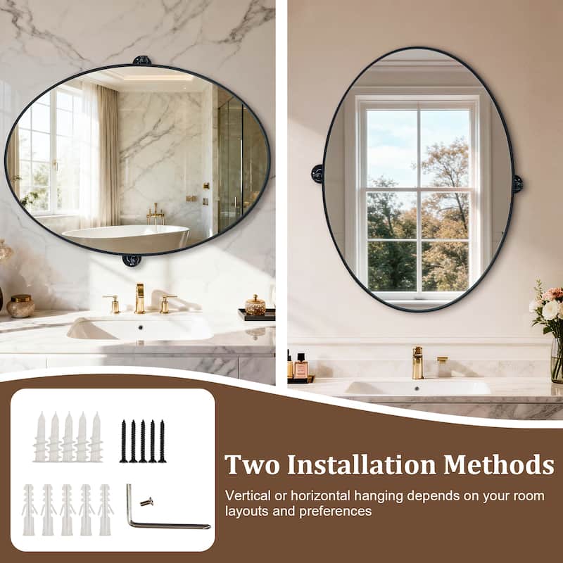 Metal Framed Pivoting Bathroom Vanity Mirror Adjustable Tilting Oval Wall Mirror Horizontal or Vertical - 19.68” x 27.56”