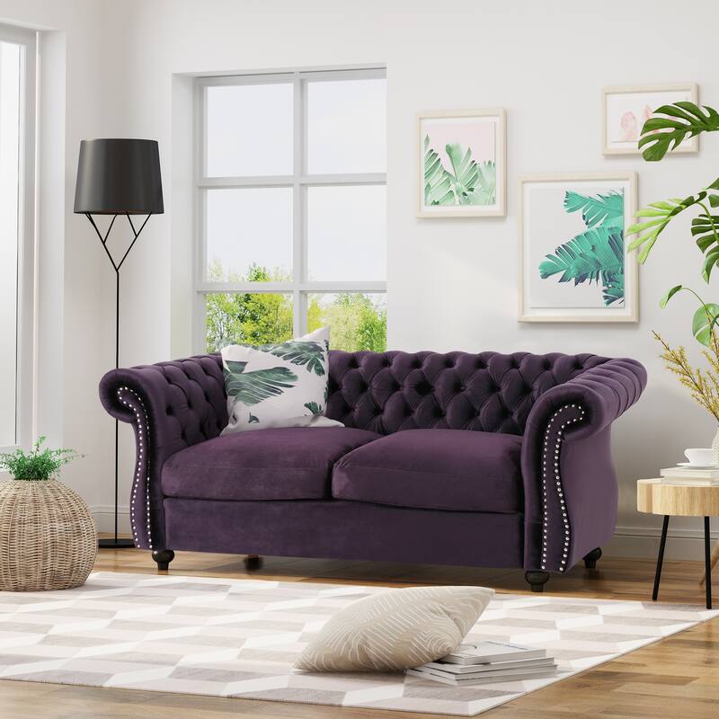Elegant Chesterfield Loveseat Sofa with Velvet Upholstery, Nailhead Accents, and Rolled Armrests, for Living Room Bedroom - Black Berry