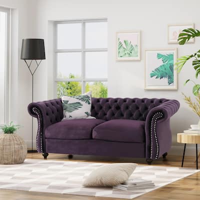 Elegant Chesterfield Loveseat Sofa with Velvet Upholstery, Nailhead Accents, and Rolled Armrests, for Living Room Bedroom