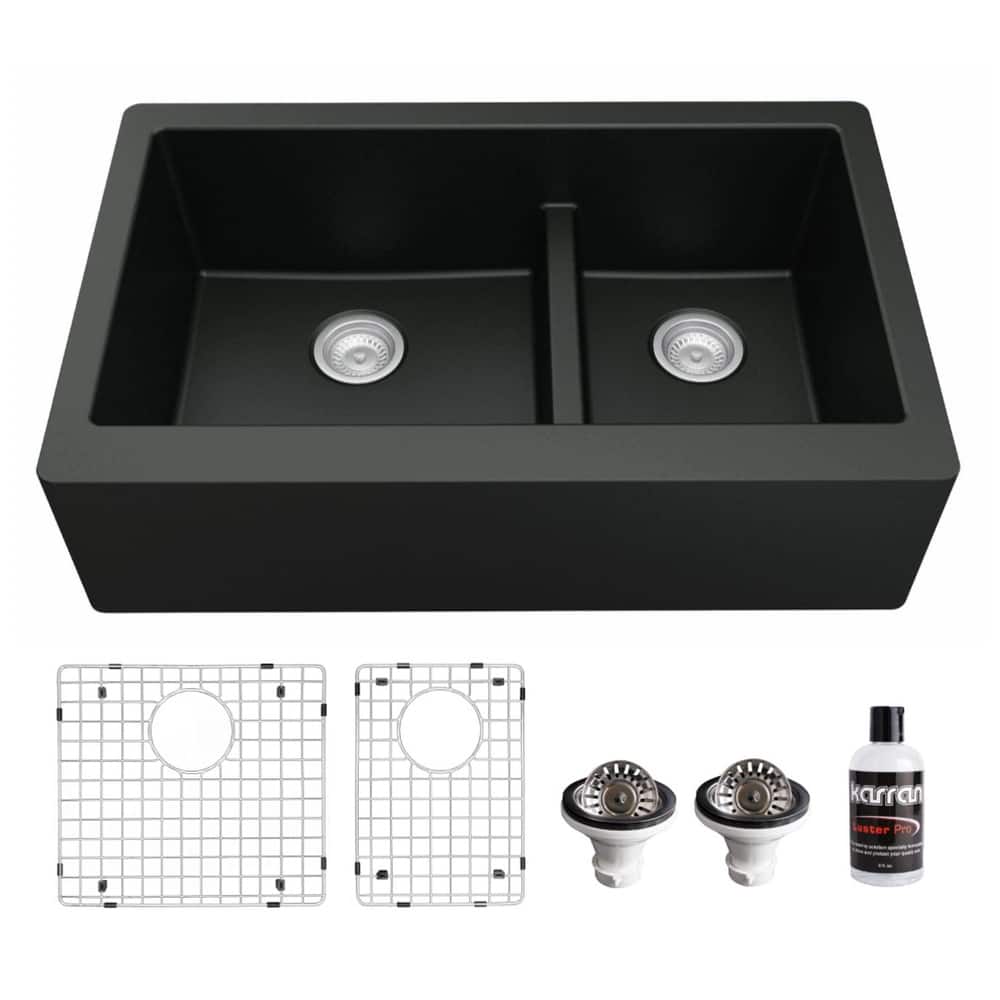Karran Farmhouse/Apron-Front Quartz Double Bowl Kitchen Sink Kit