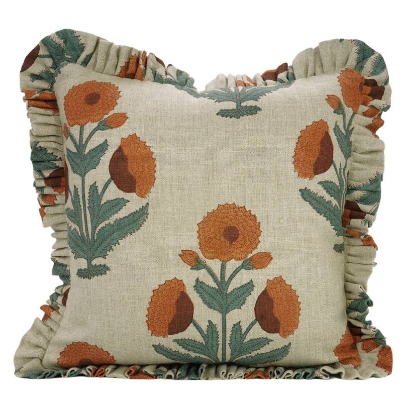 Fabdivine Orange Handmade Flower Pattern Thick Linen Block Print Pillow Cover