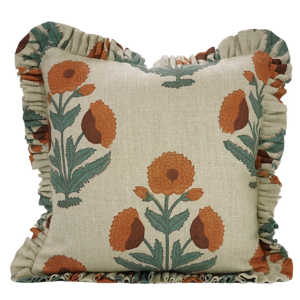 Fabdivine Orange Handmade Flower Pattern Thick Linen Block Print Pillow Cover