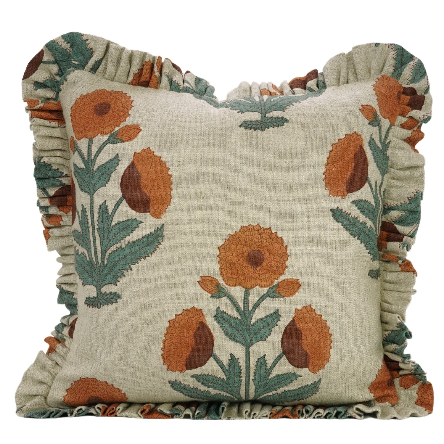 Fabdivine Orange Handmade FloralThick Linen Block Print Pillow Cover, Badshah