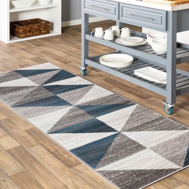 Livabliss Metz Blue & Gray Mid-Century Geometric Area Rug - Sky Blue - 2'7" x 7'3" Runner