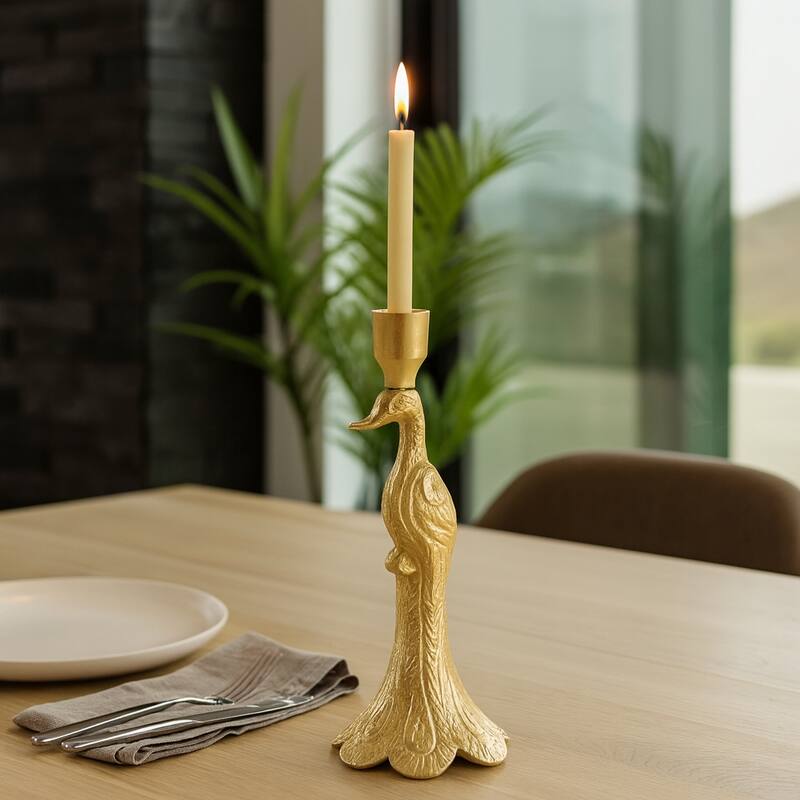 Metal Peacock Taper Candle Holder Home Decor - Gold, 10 in. - 9.75"