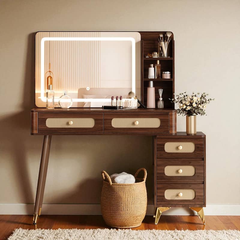 47'' Vintage Makeup Vanity with Mirror and Lights, Dressing Table with 5 Drawers, Storage Shelf & Rattan Design - Dark Walnut