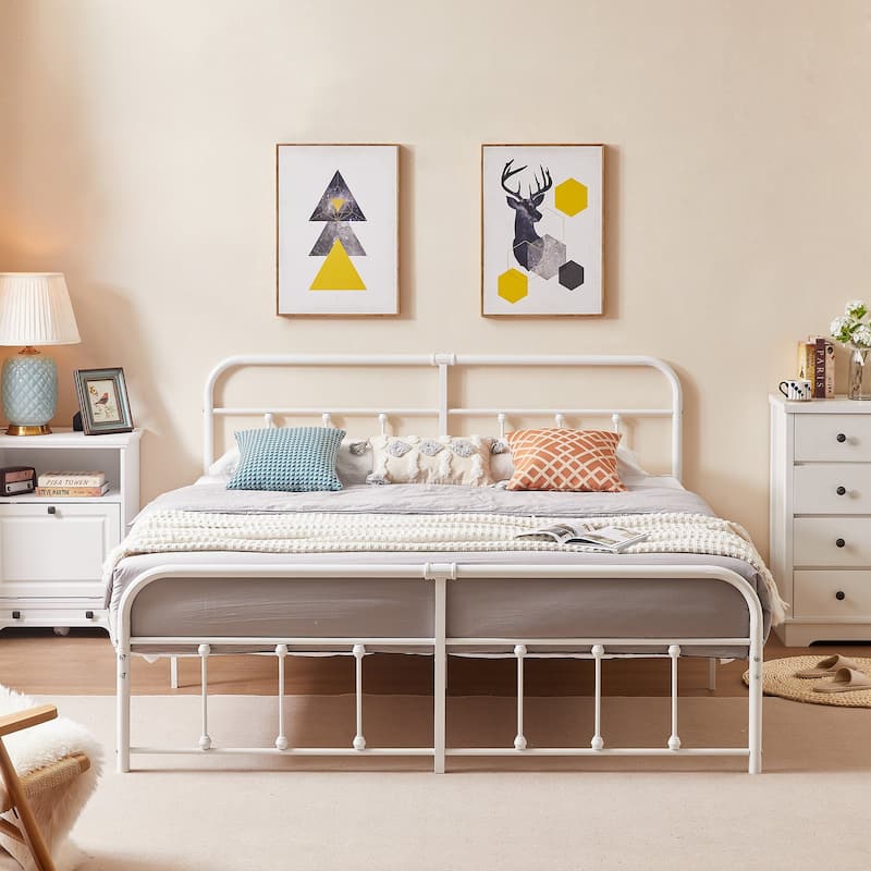 Javlergo White Metal Platform Bed Frame with Headboard and Footboard Quiet Heavy-Duty Frame No Box Spring Needed