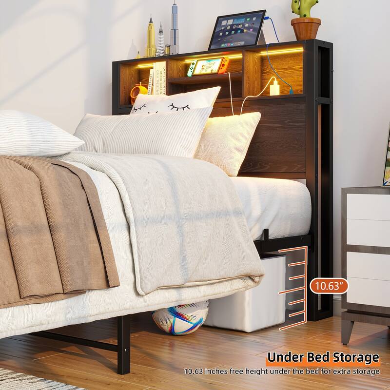 LED Twin Bed Frames Metal Platform Bed with Charging Station and Bookcase Storage