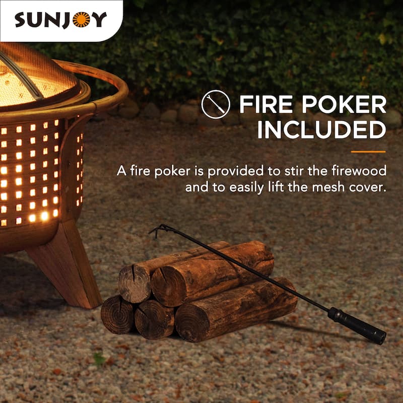 Sunjoy 30 in. Outdoor Wood-Burning Fire Pit, Patio Woven Round Steel Firepit Outside with Spark Screen and Poker - N/A