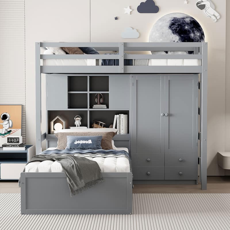 Twin Bunk Bed with Drawers, Wardrobe, Storage Shelves, and Hydraulic Lift, Gray