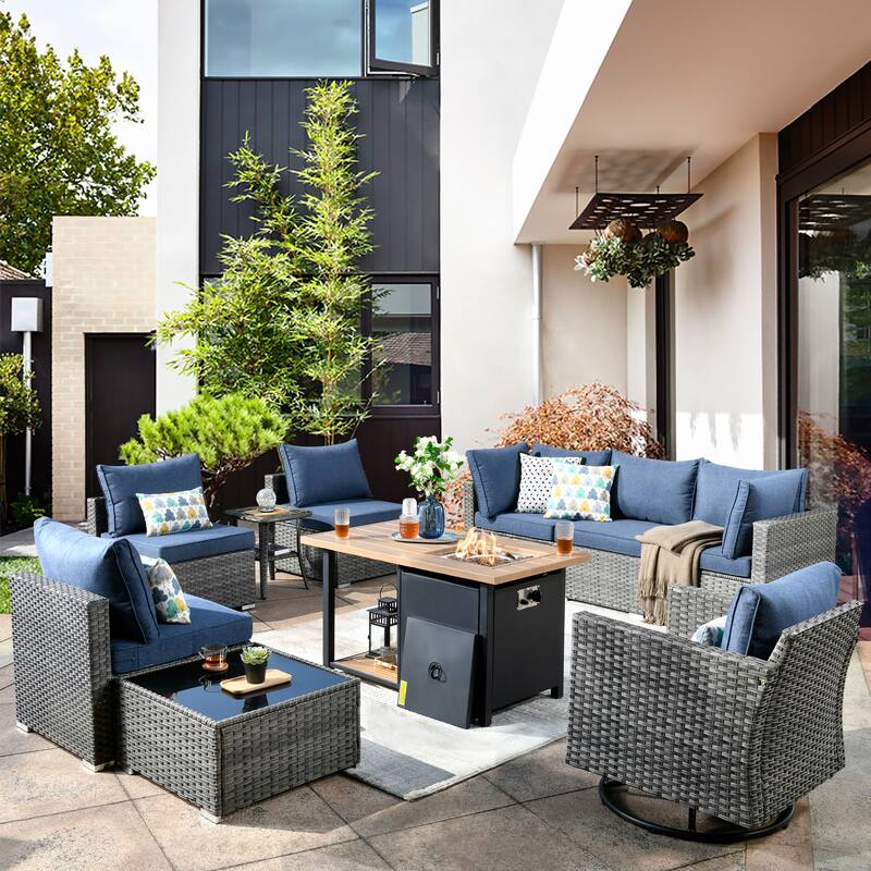 XIZZI 10-piece Outdoor Wicker Patio Furniture Set with Fire Pit Table - Denim Blue