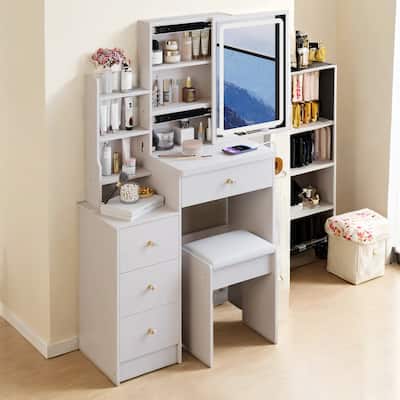 29.2" Compact Left Bedside Vanity Set with Cushioned Stool