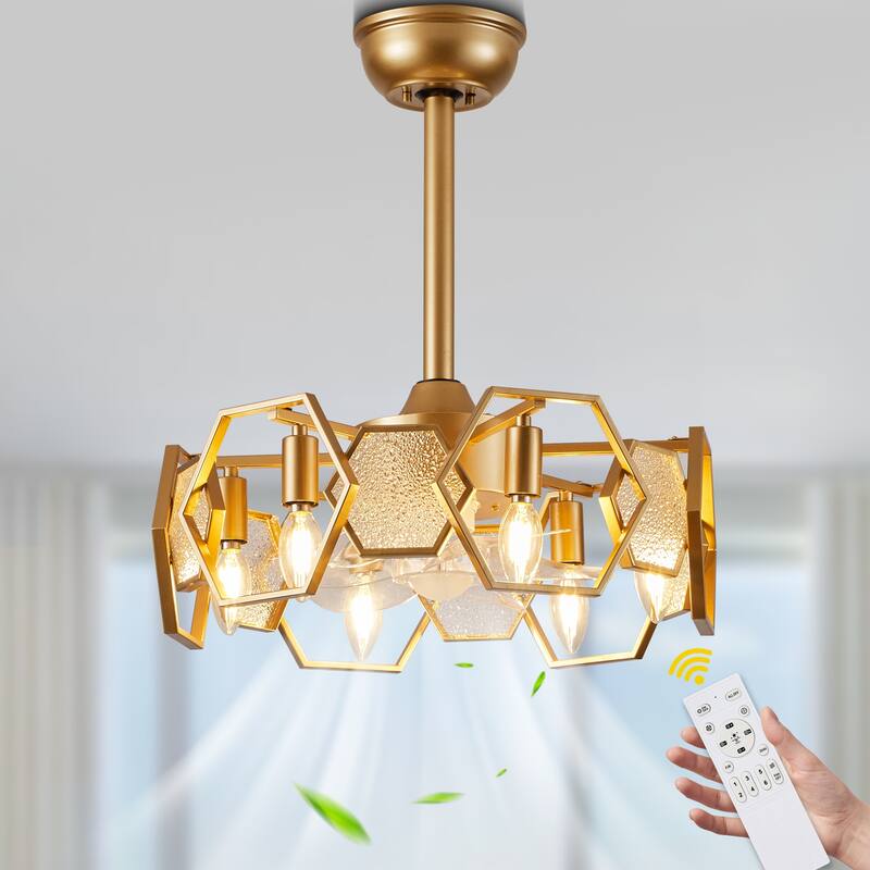 CurveCurio 20" Chandelier Ceiling Fan w Textured Glass Accent, 6 Lights Quiet DC Motor 6 Speed w Remote Control - Dark Gold