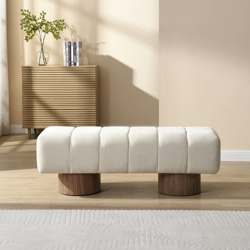 Upholstered Dining Bench – No-Assembly Entryway Ottoman with Chenille Fabric & Wood Legs, 300 lb Capacity . - Beige