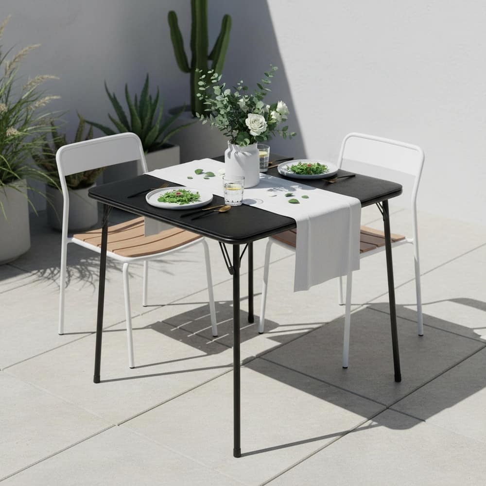 Homy Casa Outdoor Square Patio Dining Table, Black PVC Top, Metal Legs