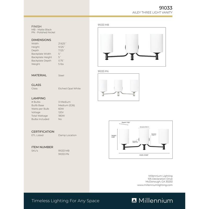 Millennium Lighting Ailey 2/3 Light Vanity Fixture