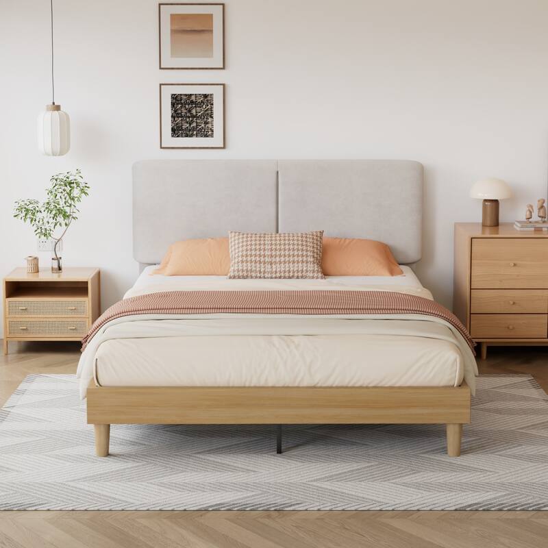 Javlergo Upholstered Bed Frame with Linen Fabric Adjustable Headboard Strong Wood Slats Supports No Box Spring Needed - Beige - Queen