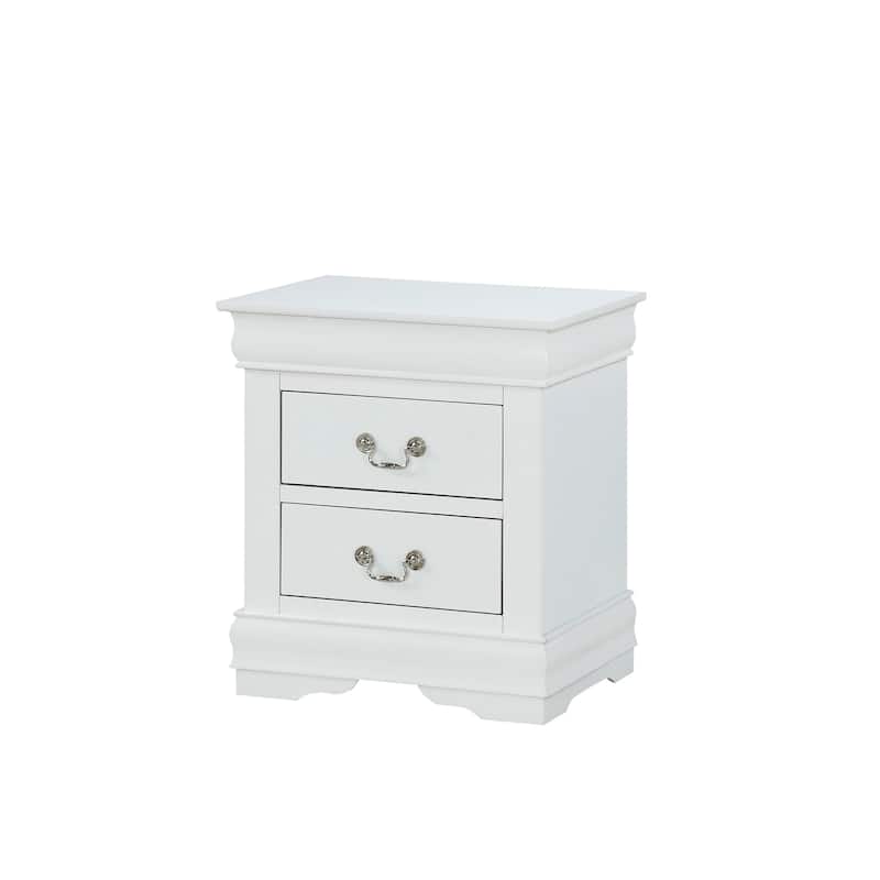 Elegant White Nightstand with Antique Brass Pulls, Solid Wood Construction