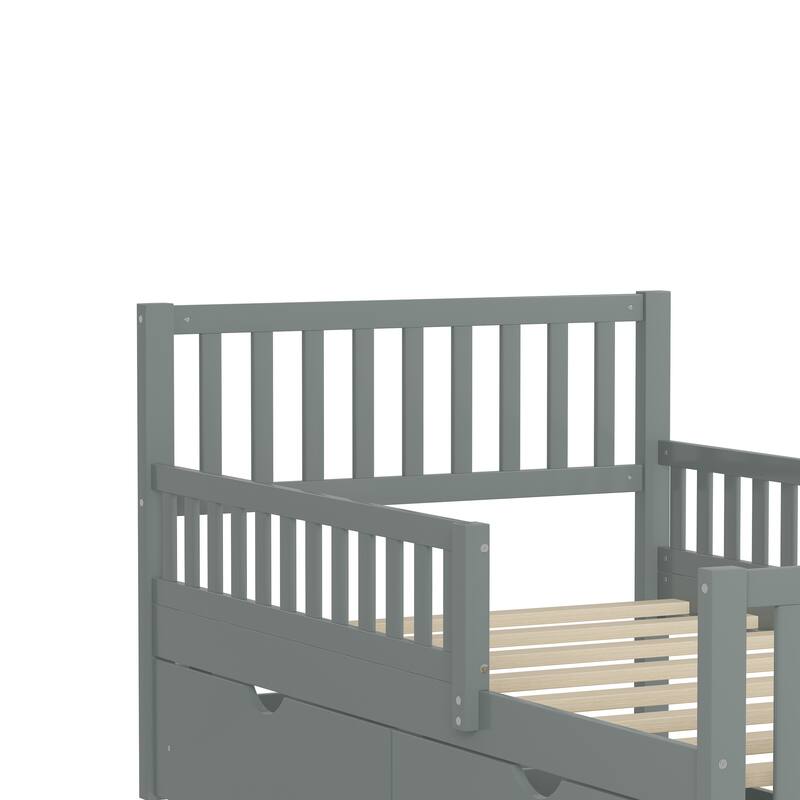 Twin Size Wood Platform Bed with Guardrails and Two Storage Drawers, Gray, Sturdy Construction