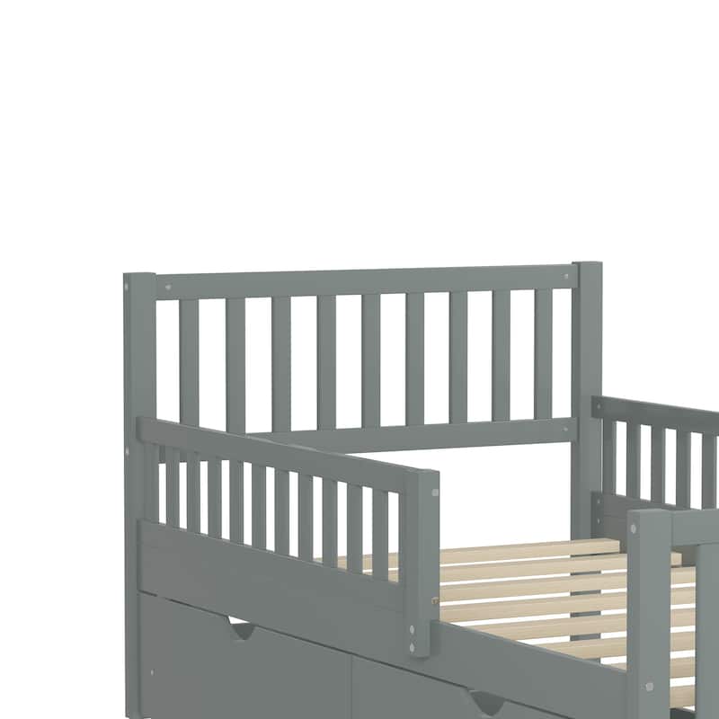 Twin Size Wood Platform Bed with Guardrails on Both Sides and Two Storage Drawers, Gray