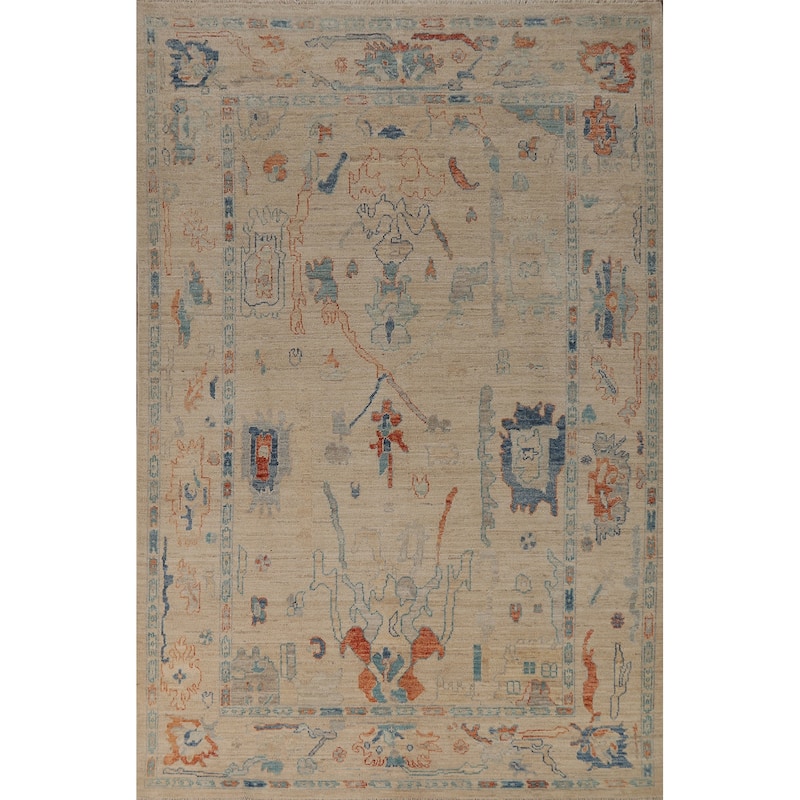 Vegetable Dye Oushak Turkish Rug Hand-Knotted Beige Wool Carpet - 5'11" x 9'0"
