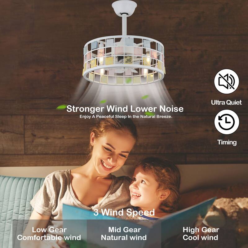 Oaks Aura Coronel 18in. DIY Tiffany Stained Glass Modern Ceiling Fan with Lights, Industrial 3-Speed Caged Ceiling Fan w/Remote