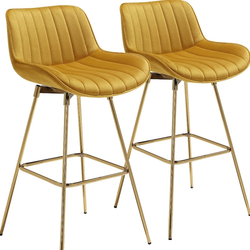 HomeRoots Set of Two 29" Yellow and Gold Velvet and Metal Low Back Bar Height Swivel Bar Chairs