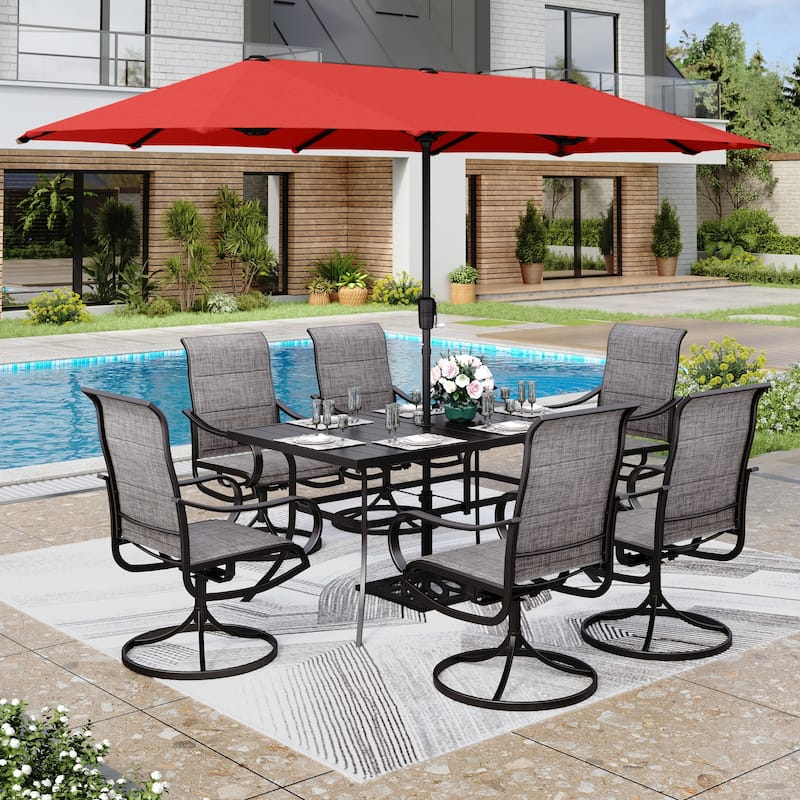 MAISON ARTS 8 PCS Patio Dining Set with 13ft Patio Umbrella - Taupe Padded Chair w/ Red Umbrella