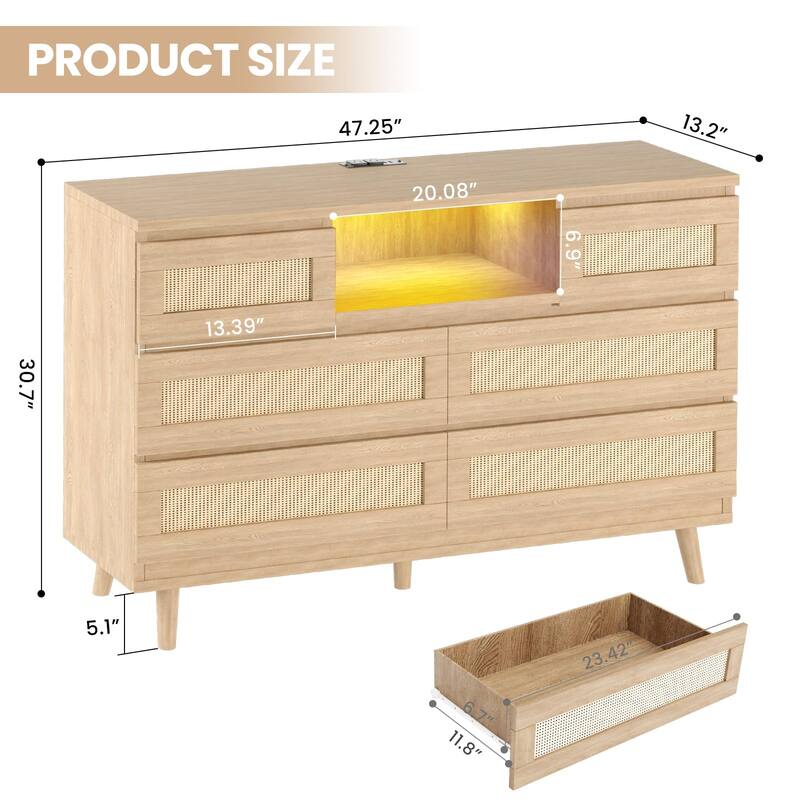 6-Drawer Rattan Dresser with LED Light & Charging Station, Modern Double Chest for Bedroom