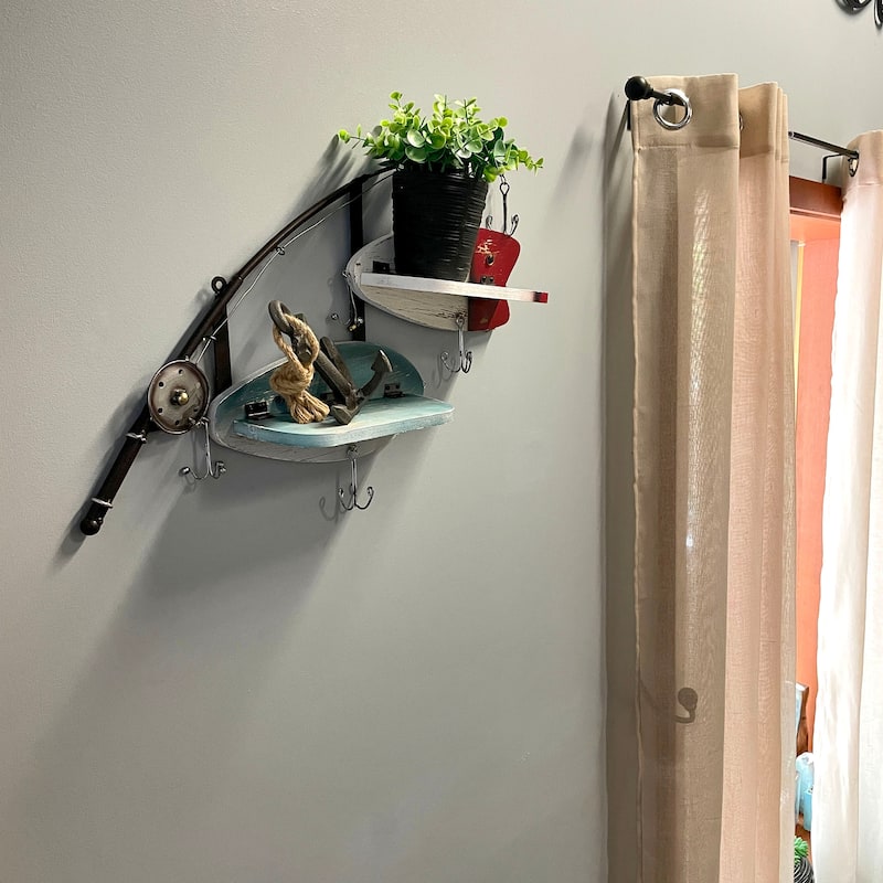 24 Inch Wood & Metal Fishing Pole Decorative Wall Shelf - 16 X 24 X 4.5 inches
