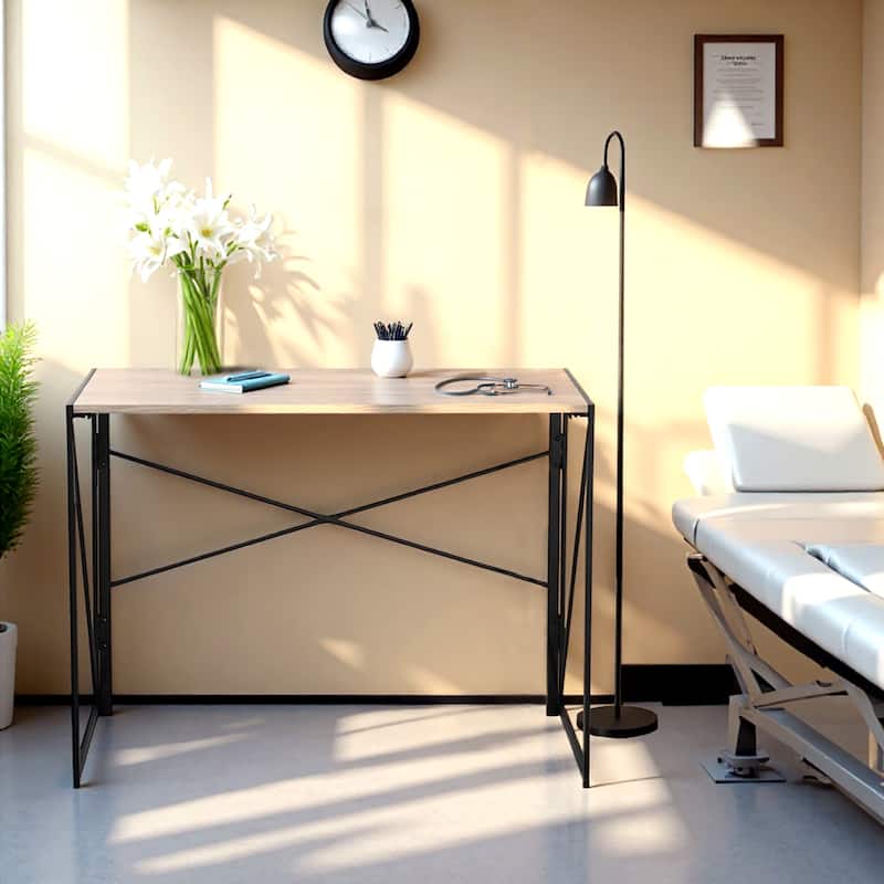 Homylin Folding Desk, Space-Saving Writing Table with Metal Frame - Oak