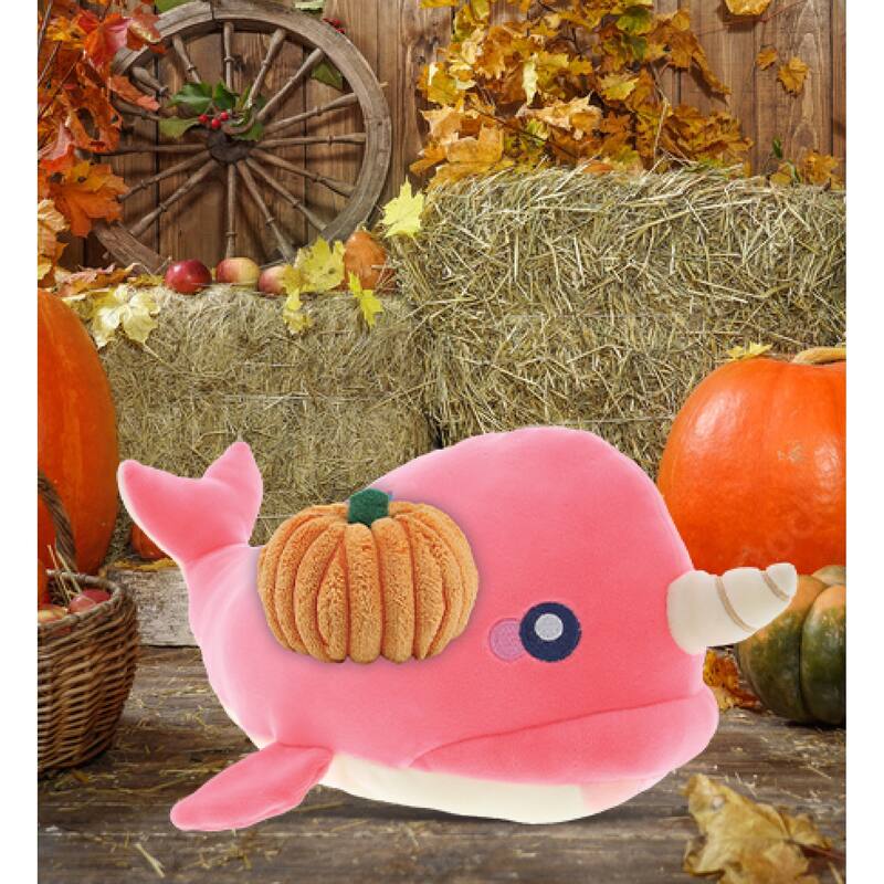 DolliBu Baby Soft Pink Narwhal Stuffed Animal with Pumpkin Decor - 21 inches