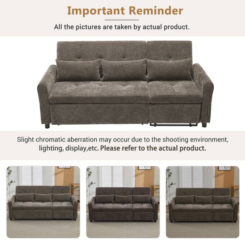 82″ Chenille 2-in-1 Sofa Bed with Adjustable Backrest, Reversible Chaise & USB Ports