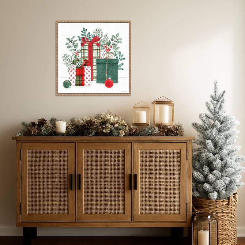 Classic Christmas II by Beth Grove (22 x 22 in.), Framed Canvas Wall Art Print - Sylvie Beaded Rustic Natural