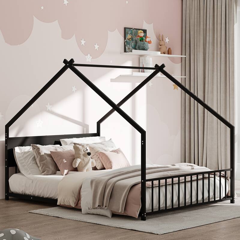 Full Size House Bed with Roof, LED Lights, and Sturdy Metal Frame for Kids and Teens - Black