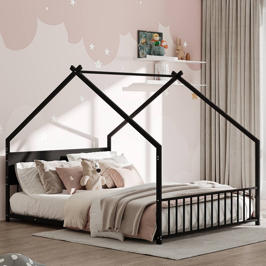 Full Size Kids Bed with House Frame and LED Lighting, Sturdy Metal Platform with Slats, Low Floor Design