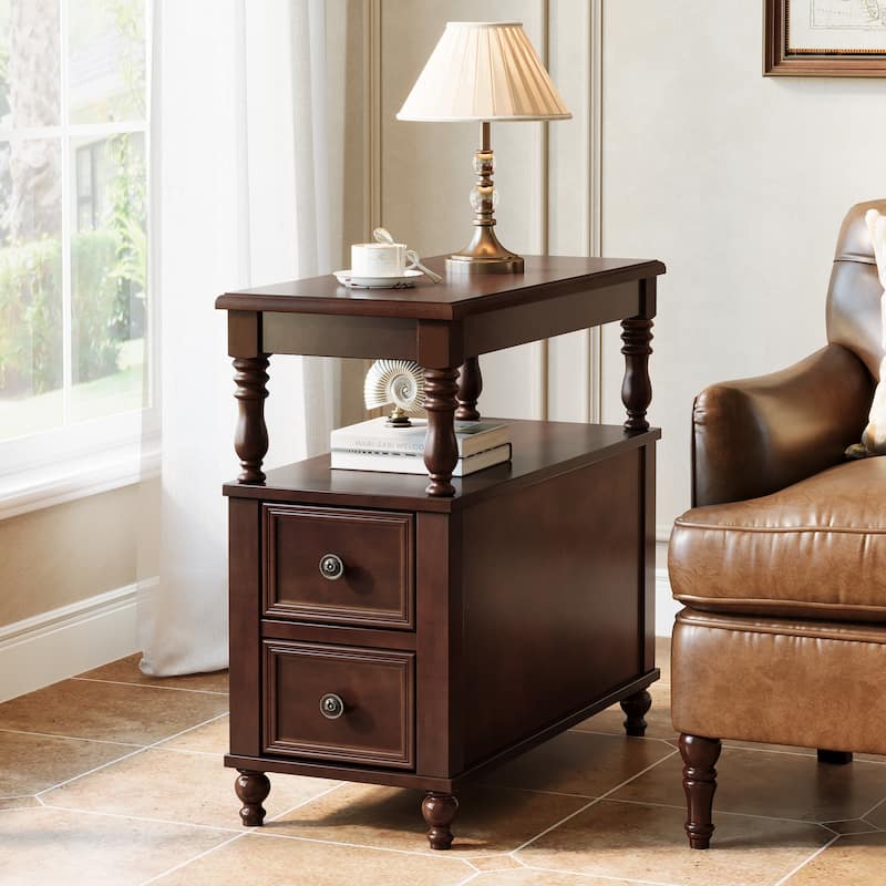 Solid Wood End Table with 2 Drawers - Brown-1pcs