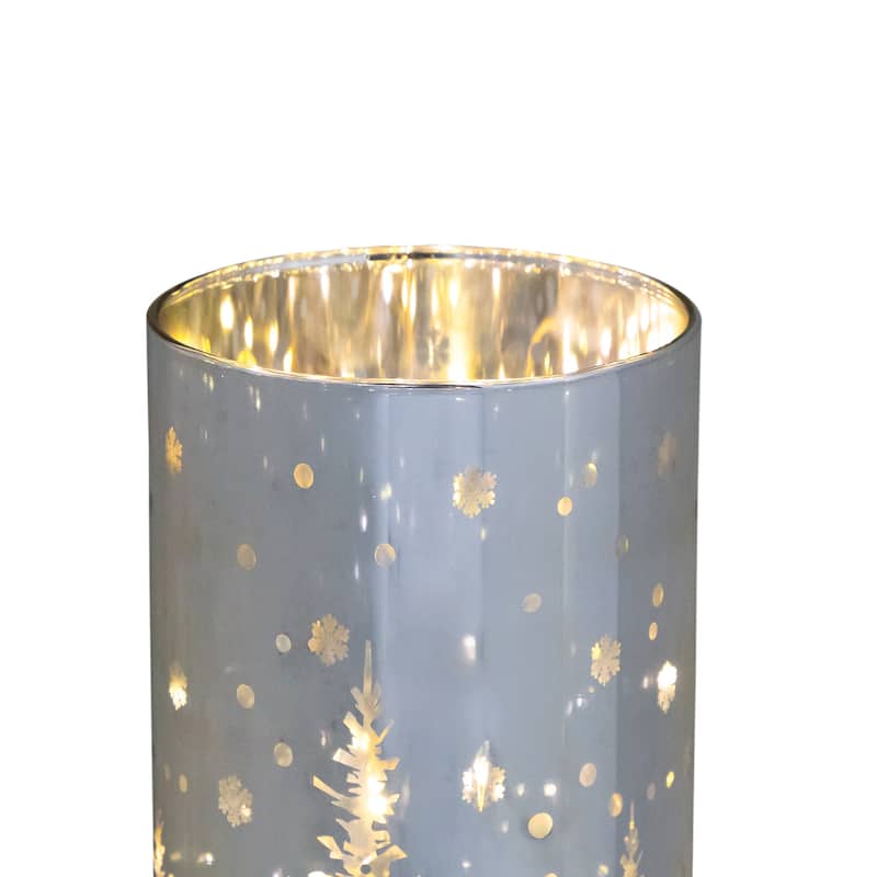 LED Lighted Winter Pine Trees Glass Hurricane Christmas Candle Decoration - 8"
