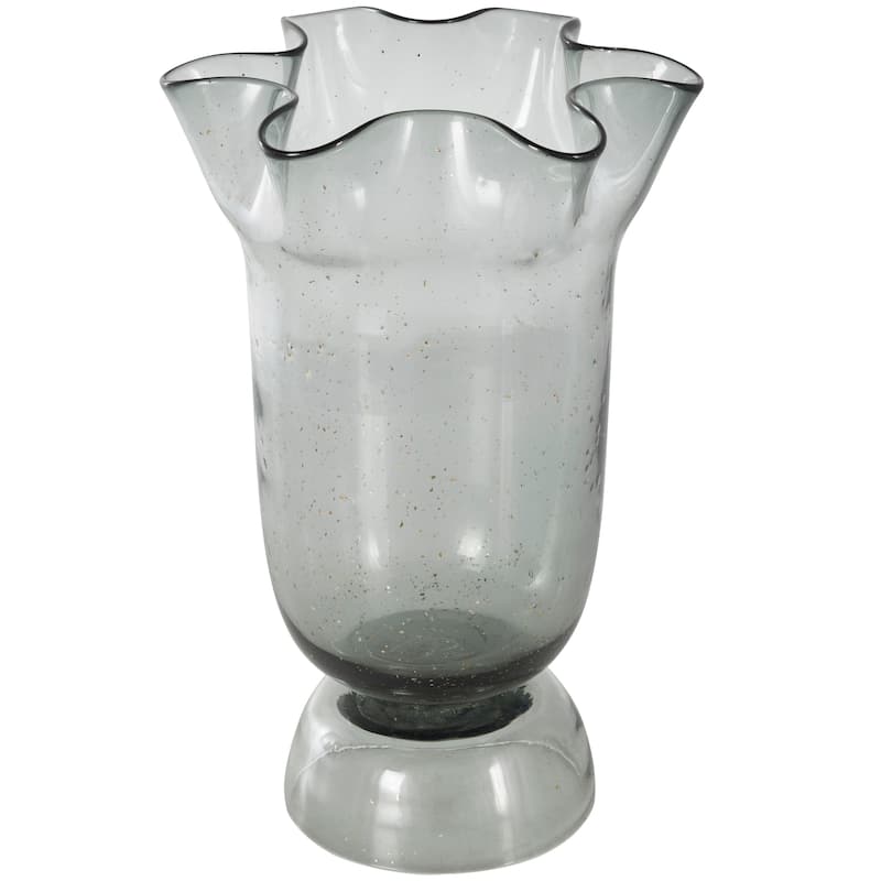 Black Glass Tulip Inspired Wide Floral Vase with Wavy Opening and Gold Speckles