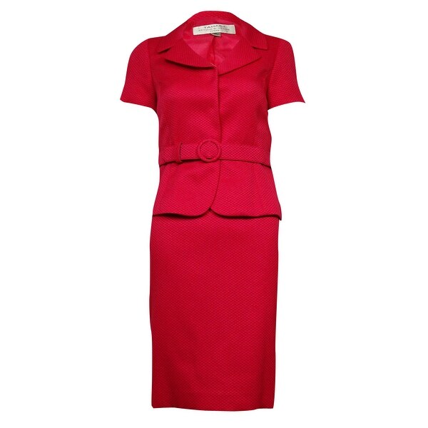 Tahari Women's Belted Short Sleeve Woven Skirt Suit - flamingo pink