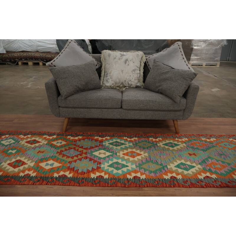 Hand Woven Oriental 100% Wool Carpet Southwestern Geometric Oranges & Rust Kilim Runner Rug - 9' 8'' X 2' 10''