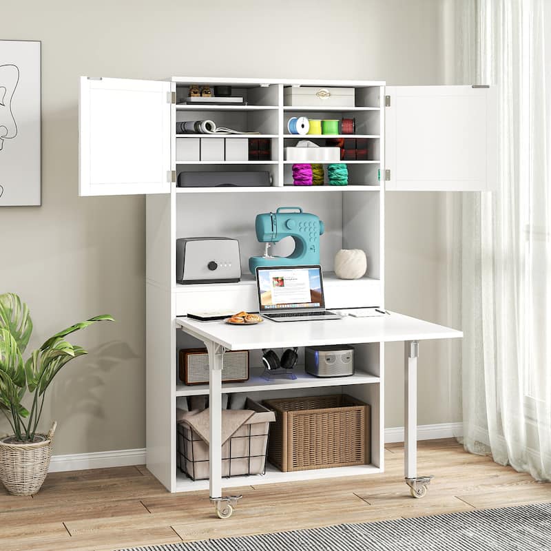 Moasis Expandable Crafting Table with Storage, Artwork Sewing Table with Cabinet and Magnetic Doors & Power Outlets