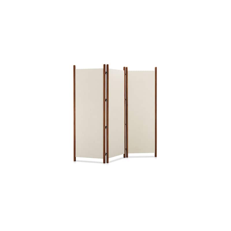 Luca Screen, Linen-Blend Fabric Panels with Solid Rubberwood Frame, Walnut-Stained Posts, Off White